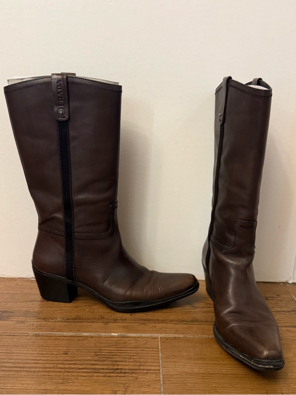 AUTHENTIC Prada Dark Brown Leather Mid-Calf Heel Boots with Box & COA Size 38 - Picture 2 of 10
